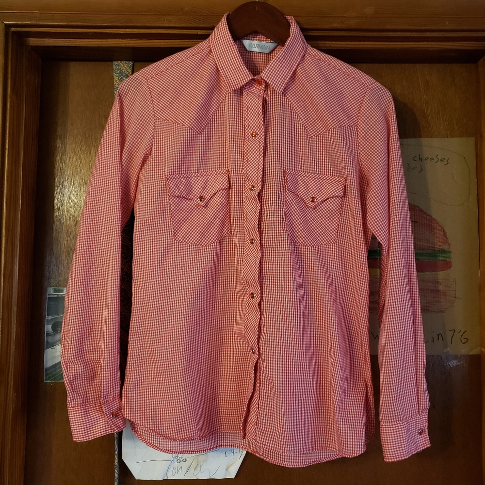 Vintage 70s 80s Gingham Karman Snap Shirt red white checked size 34 Small 6/8